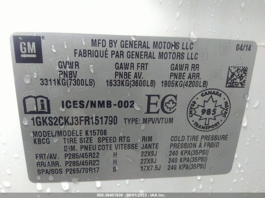 2015 GMC YUKON DENALI - 1GKS2CKJ3FR151790