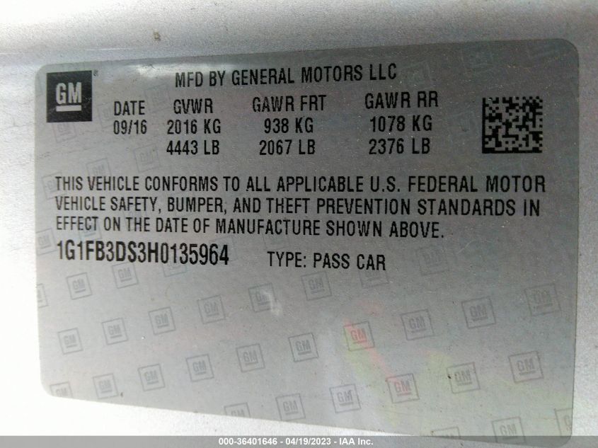2017 CHEVROLET CAMARO 1LT - 1G1FB3DS3H0135964