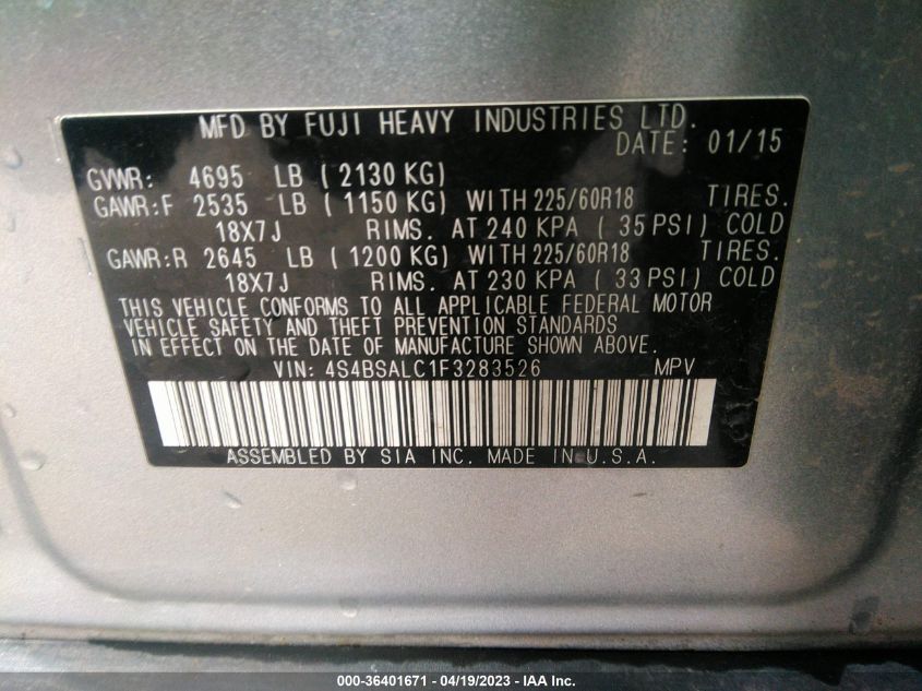 2015 SUBARU OUTBACK 2.5I LIMITED - 4S4BSALC1F3283526