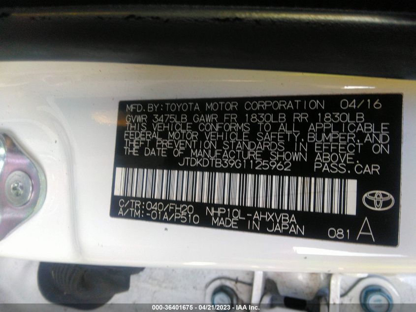 2016 TOYOTA PRIUS C ONE/TWO/THREE/FOUR - JTDKDTB39G1125962