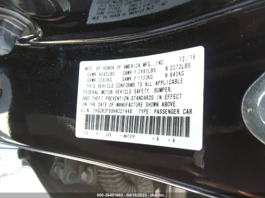 2017 HONDA ACCORD SEDAN TOURING - 1HGCR3F99HA021446