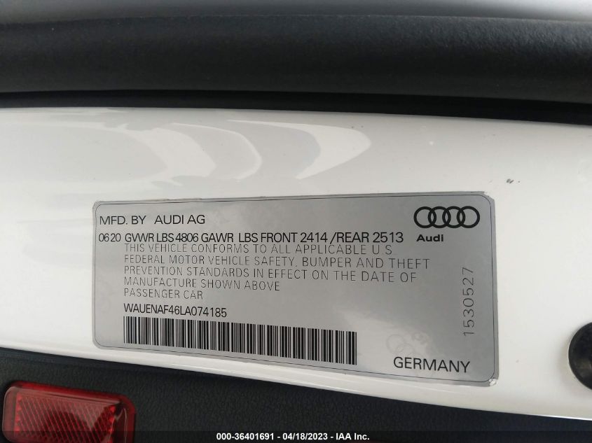 2020 AUDI A4 PREMIUM PLUS - WAUENAF46LA074185