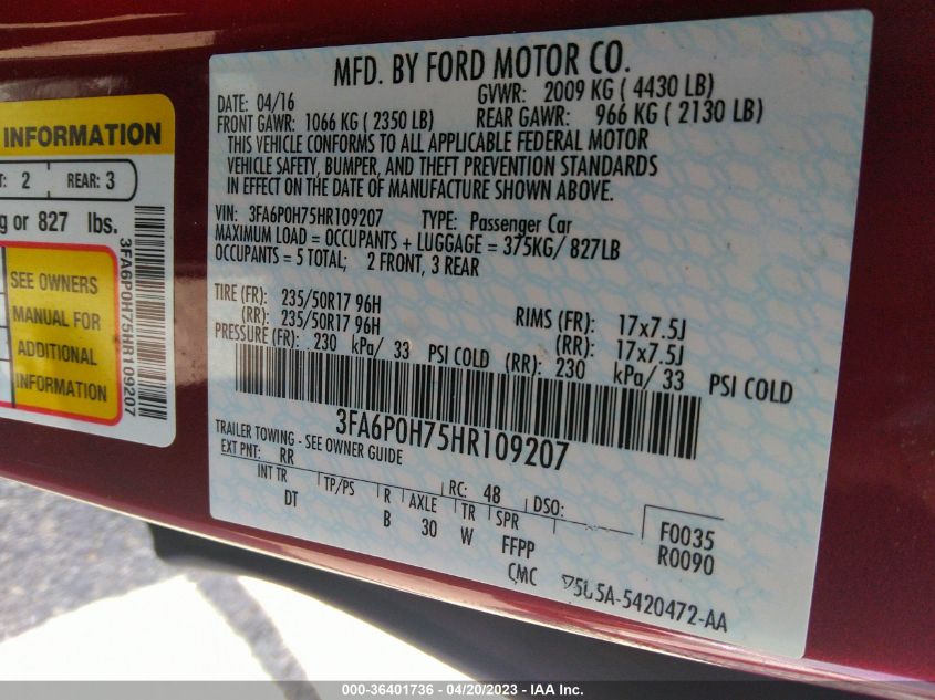 2017 FORD FUSION SE - 3FA6P0H75HR109207