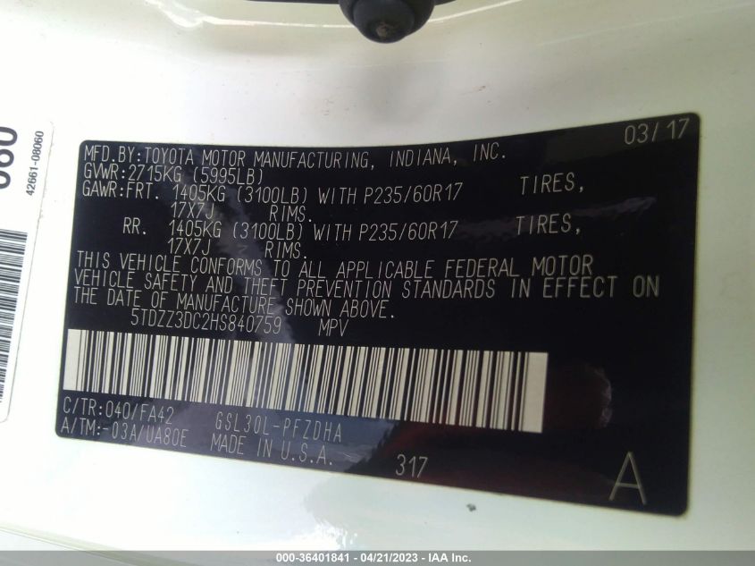 2017 TOYOTA SIENNA L - 5TDZZ3DC2HS840759