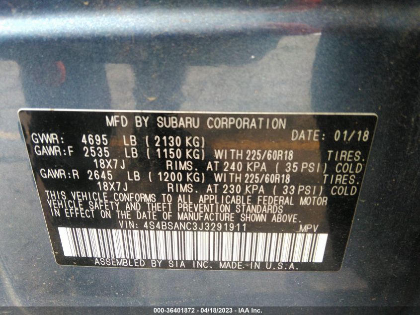 2018 SUBARU OUTBACK LIMITED - 4S4BSANC3J3291911
