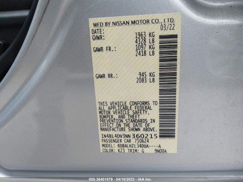 2022 NISSAN ALTIMA 2.5 SV - 1N4BL4DV3NN360215