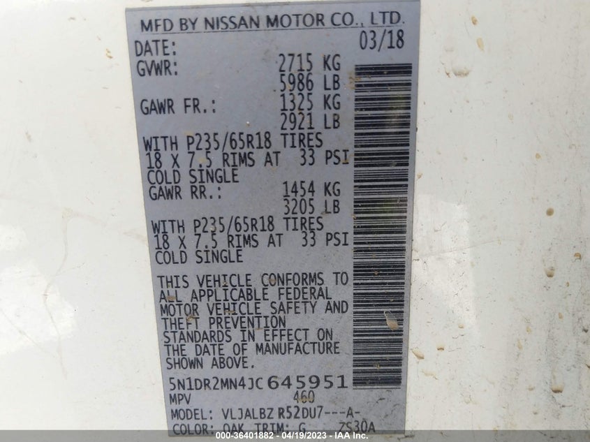 VIN 5N1DR2MN4JC645951 2018 NISSAN PATHFINDER S