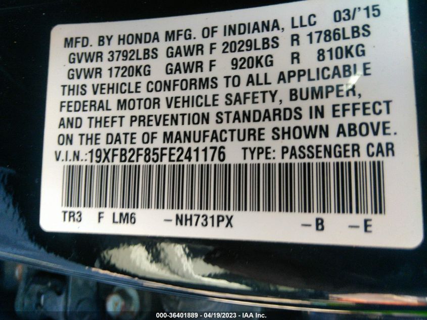 2015 HONDA CIVIC SEDAN EX - 19XFB2F85FE241176
