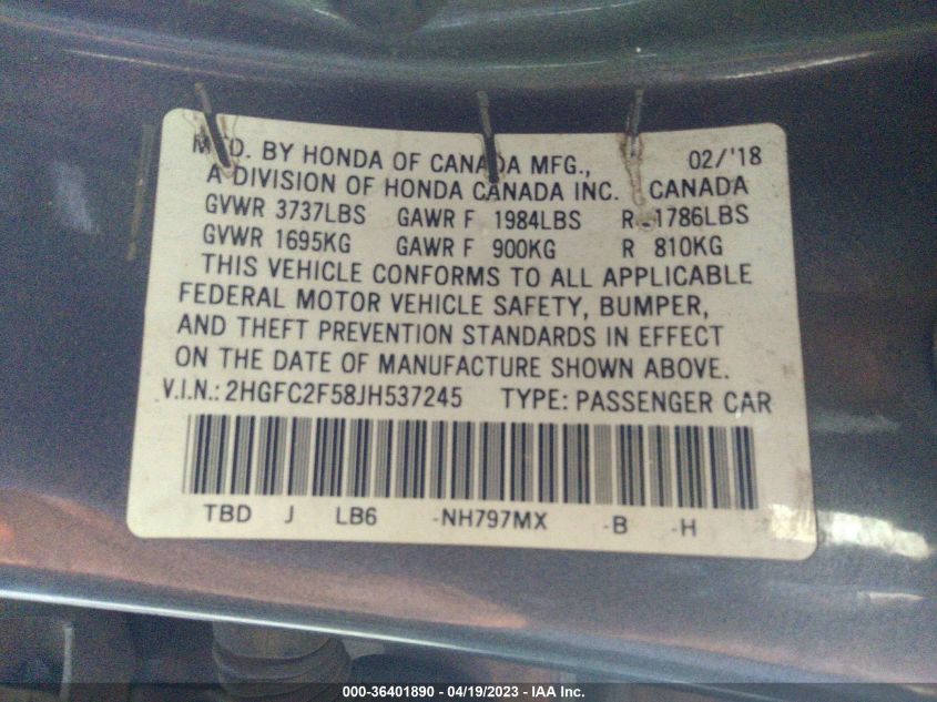2018 HONDA CIVIC SEDAN LX - 2HGFC2F58JH537245