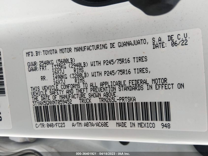 2022 TOYOTA TACOMA 2WD SR/SR5 - 3TYAX5GNXNT059452