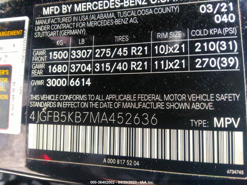 2021 MERCEDES-BENZ GLE GLE 450 - 4JGFB5KB7MA452636