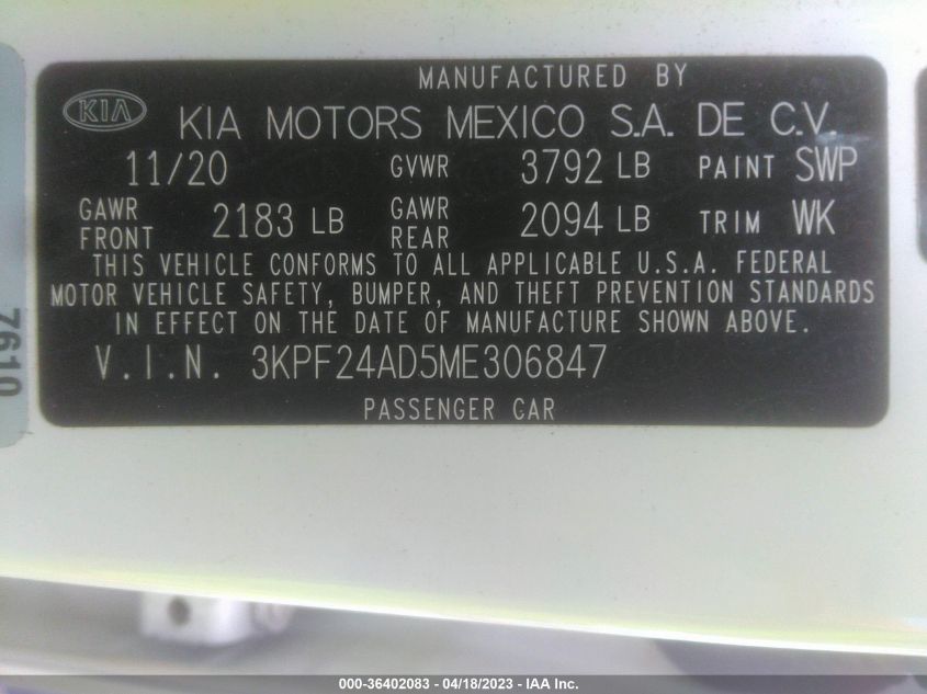 2021 KIA FORTE LXS - 3KPF24AD5ME306847