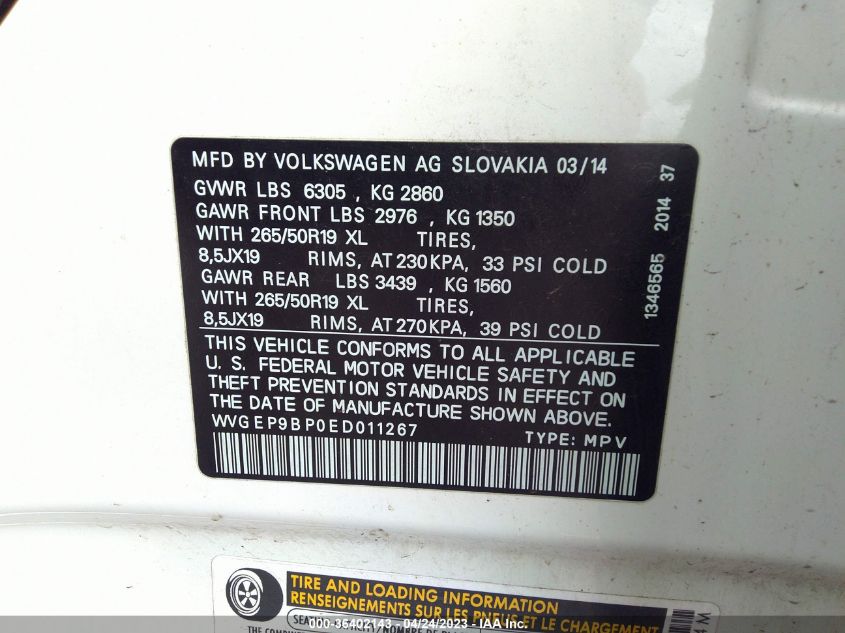 2014 VOLKSWAGEN TOUAREG LUX WVGEP9BP0ED011267