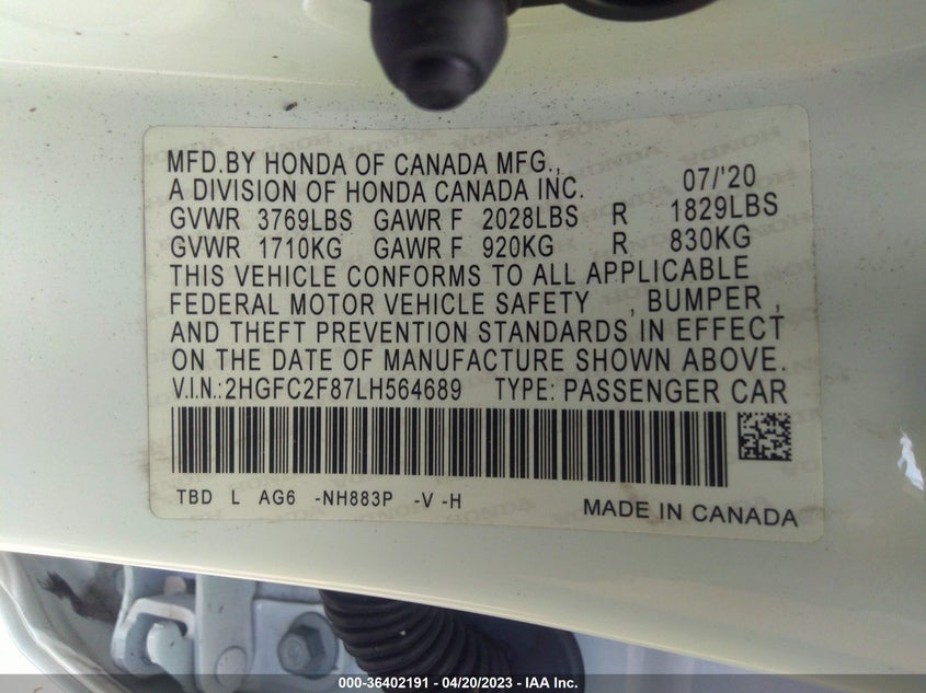 VIN 2HGFC2F87LH564689 2020 HONDA CIVIC SEDAN SPORT