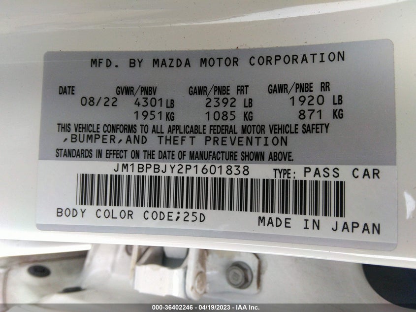 VIN JM1BPBJY2P1601838 2023 MAZDA MAZDA3 HATCHBACK 2.5 TURBO