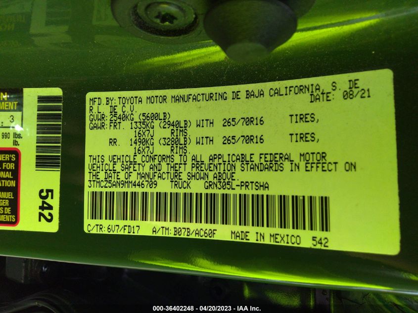 2021 TOYOTA TACOMA 4WD SR/SR5/TRD SPORT - 3TMCZ5AN9MM446709