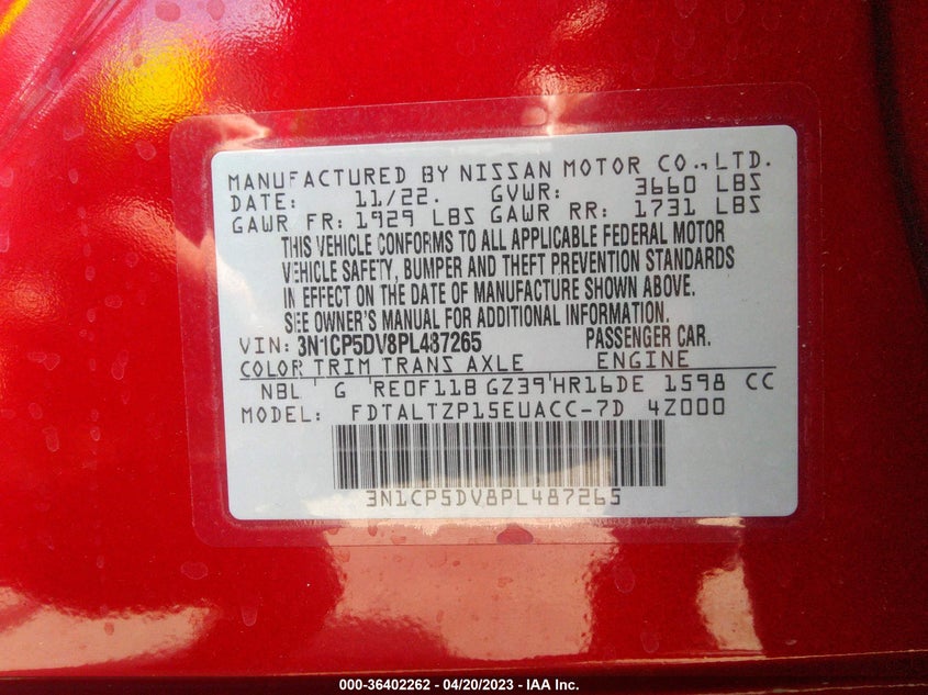 VIN 3N1CP5DV8PL487265 2023 NISSAN KICKS SR