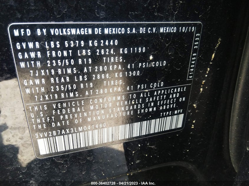 VIN 3VV2B7AX3LM041460 2020 VOLKSWAGEN TIGUAN SE/SEL/SE R-LINE BLACK