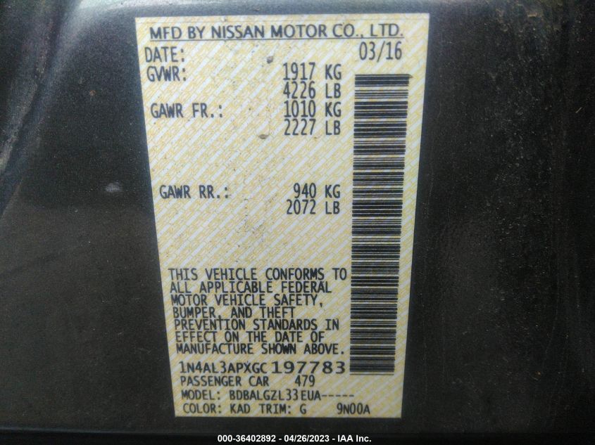 2016 NISSAN ALTIMA 2.5 - 1N4AL3APXGC197783