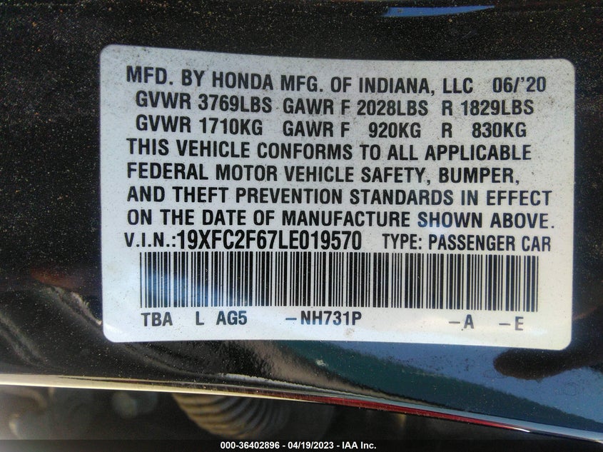 VIN 19XFC2F67LE019570 2020 HONDA CIVIC SEDAN LX