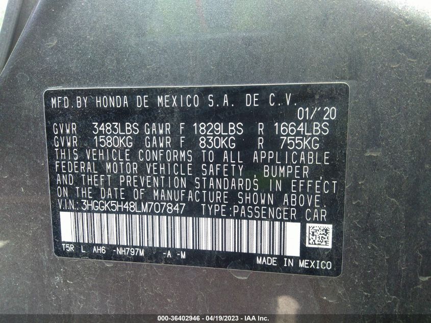 2020 HONDA FIT LX - 3HGGK5H48LM707847