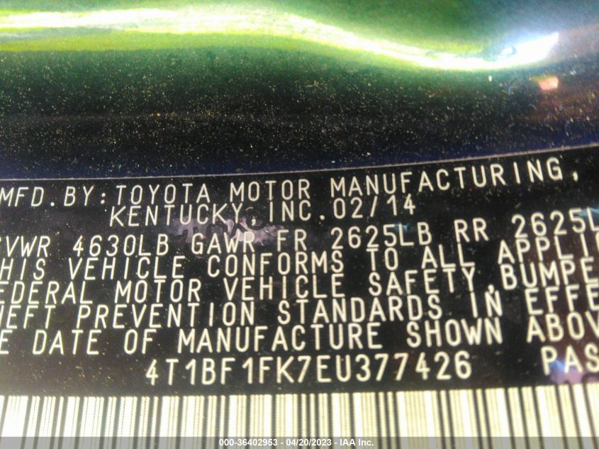 2014 TOYOTA CAMRY L/LE/XLE/SE/SE SPORT - 4T1BF1FK7EU377426