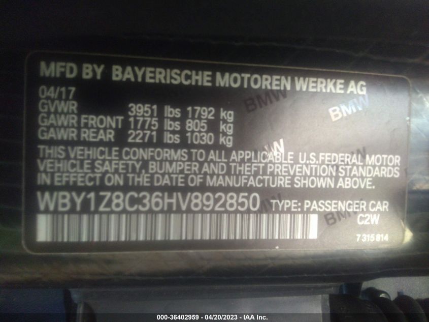 2017 BMW I3 - WBY1Z8C36HV892850