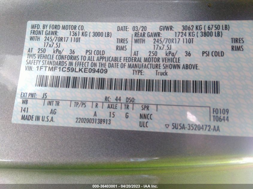 2020 FORD F-150 XL/XLT - 1FTMF1C59LKE09409