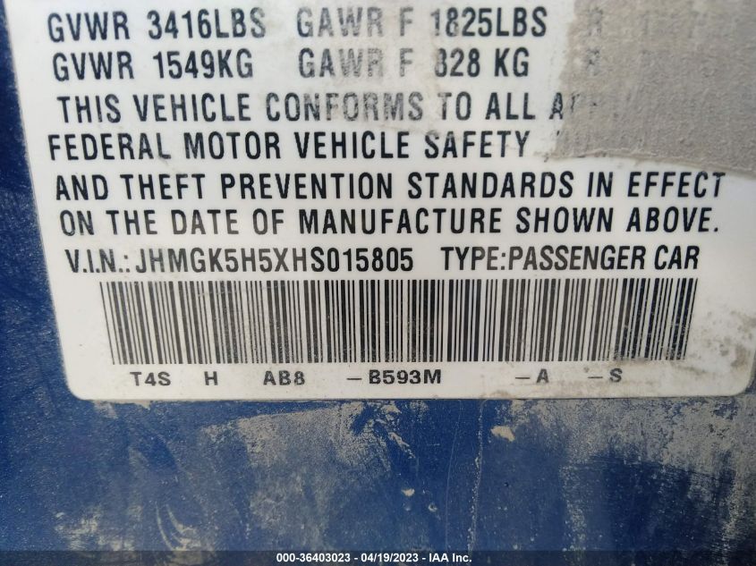 2017 HONDA FIT LX - JHMGK5H5XHS015805
