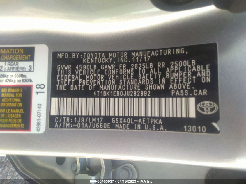 2018 TOYOTA AVALON XLE/XLE PLUS - 4T1BK1EB0JU282892