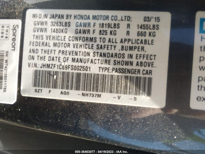 2015 HONDA CR-Z EX JHMZF1C69FS002501