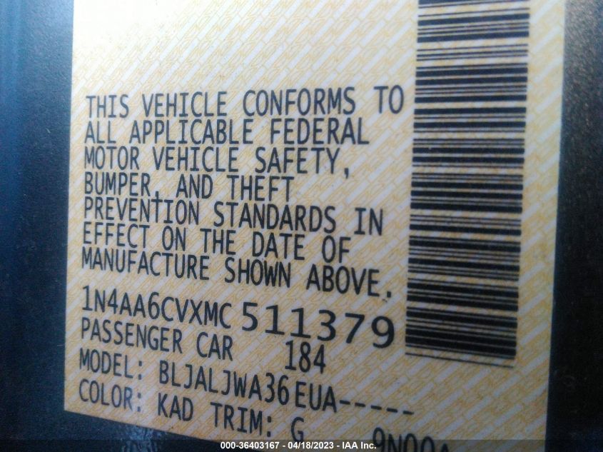2021 NISSAN MAXIMA SV - 1N4AA6CVXMC511379