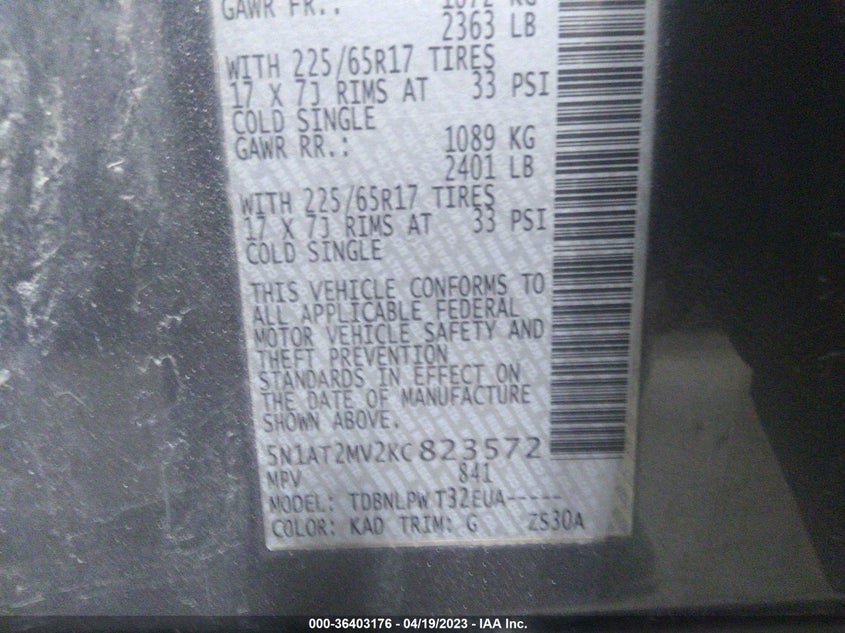 VIN 5N1AT2MV2KC823572 2019 NISSAN ROGUE S