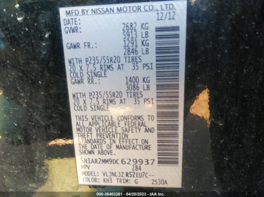 2013 NISSAN PATHFINDER PLATINUM - 5N1AR2MM9DC629937