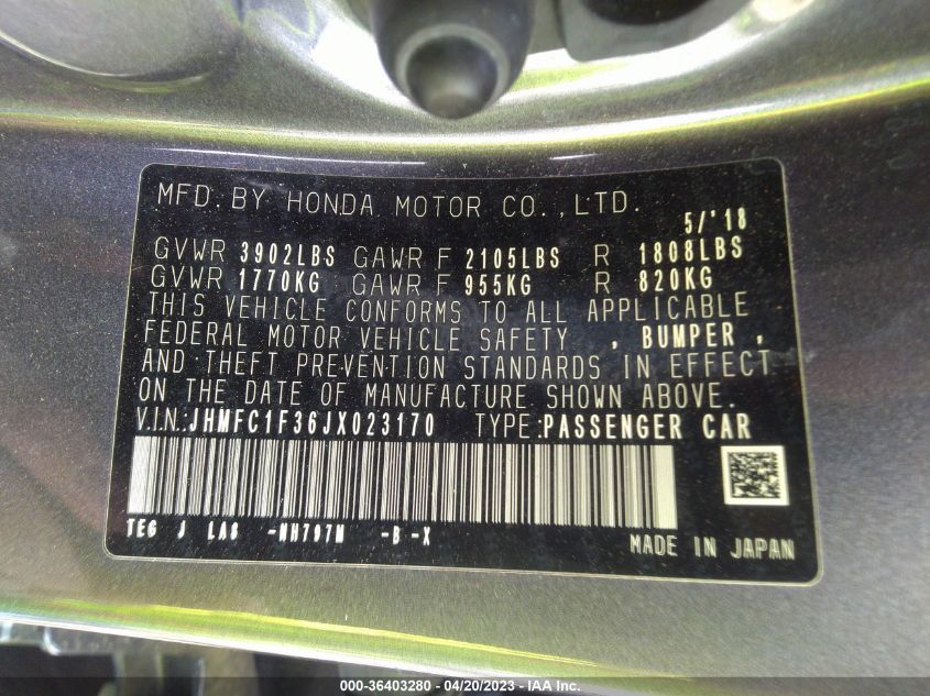 2018 HONDA CIVIC SEDAN EX-T - JHMFC1F36JX023170
