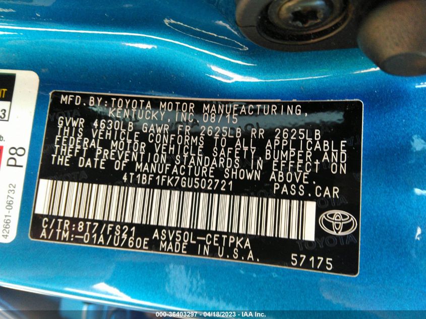 2016 TOYOTA CAMRY XLE/SE/LE/XSE - 4T1BF1FK7GU502721
