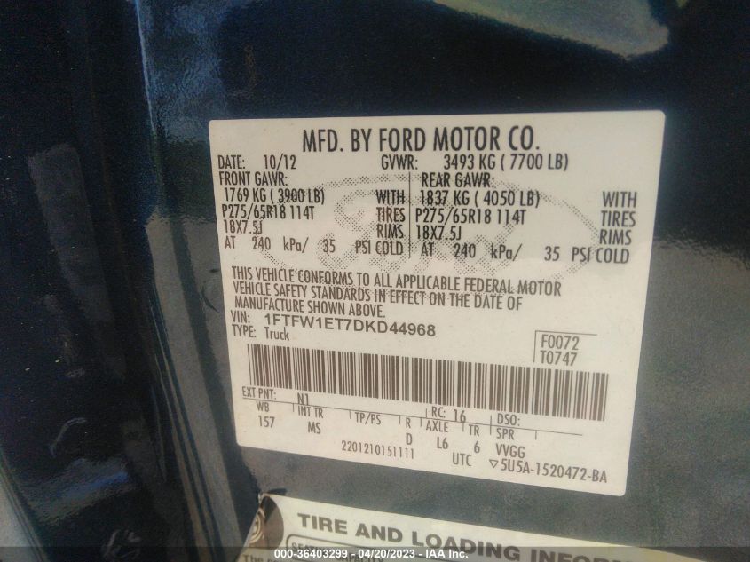 2013 FORD F-150 XL/XLT/FX4/LARIAT - 1FTFW1ET7DKD44968