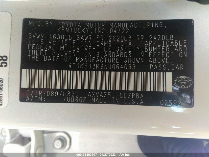 2022 TOYOTA CAMRY XSE - 4T1K61BK8NU064083