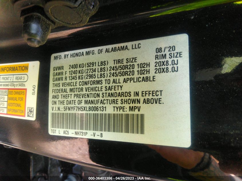 2020 HONDA PASSPORT EX-L - 5FNYF7H5XLB006131