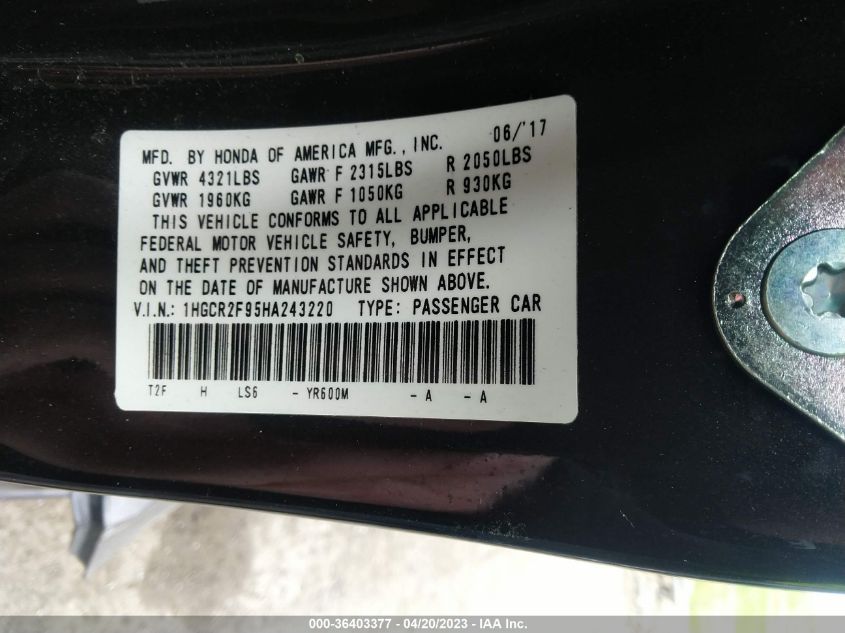 2017 HONDA ACCORD SEDAN EX-L - 1HGCR2F95HA243220