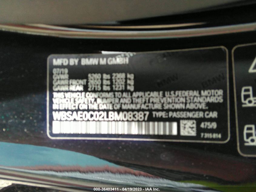 2020 BMW M8 COMPETITION - WBSAE0C02LBM08387