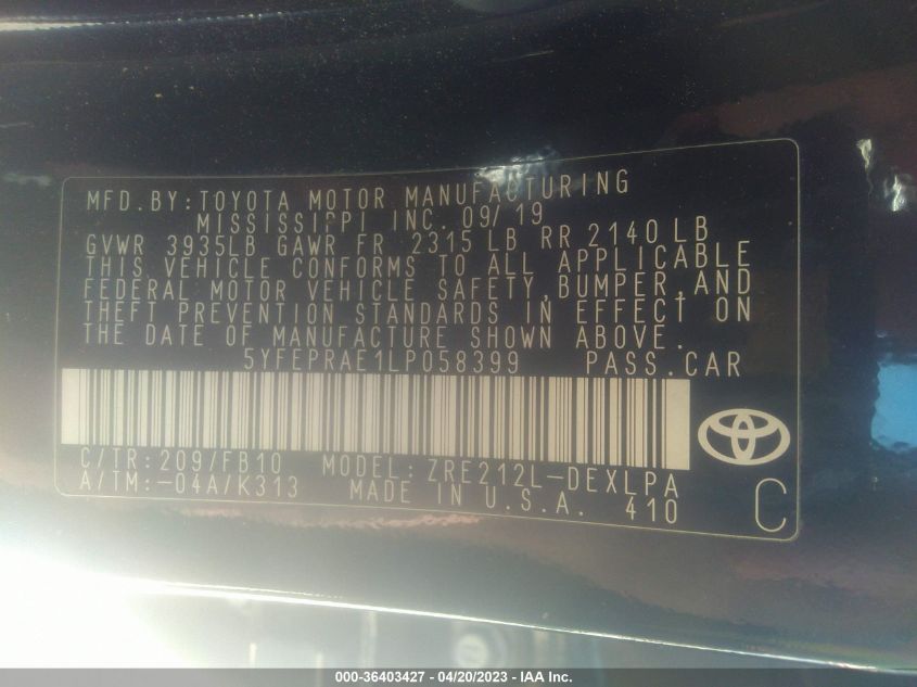 2020 TOYOTA COROLLA LE - 5YFEPRAE1LP058399