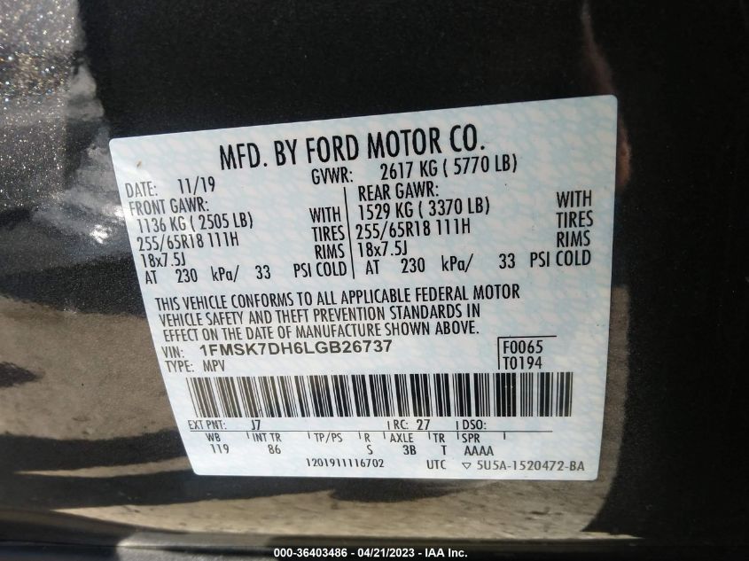 2020 FORD EXPLORER XLT 1FMSK7DH6LGB26737
