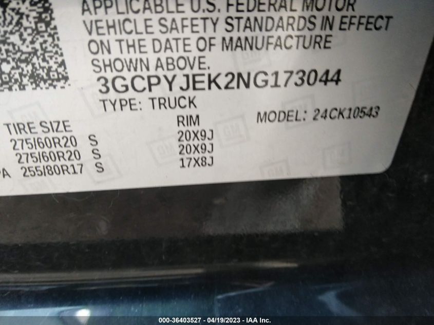 2022 CHEVROLET SILVERADO 1500 LTD LT 3GCPYJEK2NG173044