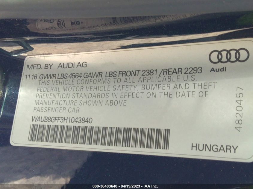 2017 AUDI A3 SEDAN PREMIUM - WAUB8GFF3H1043840