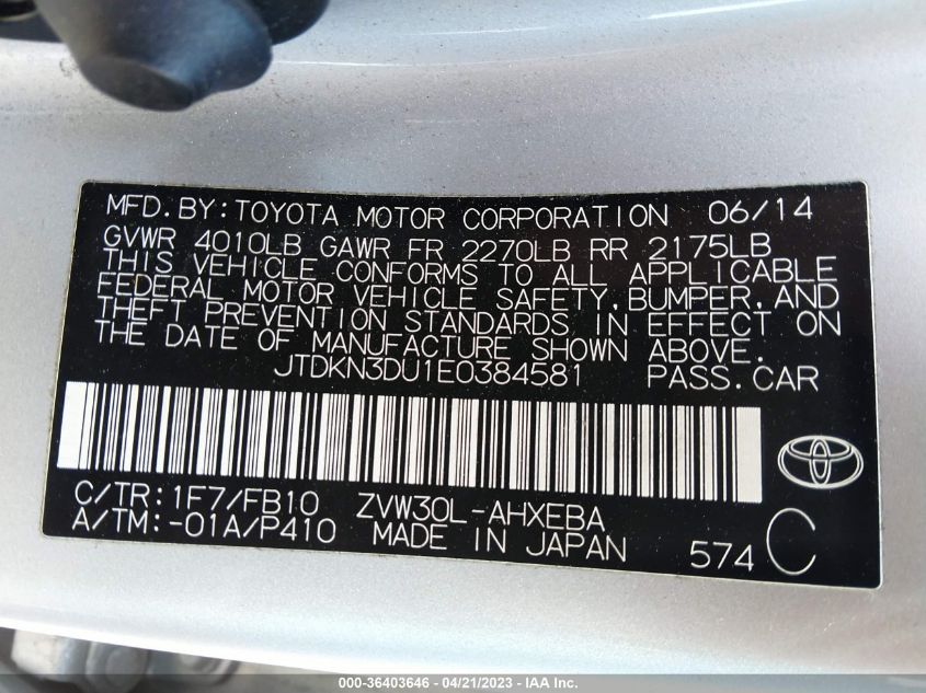2014 TOYOTA PRIUS FOUR/FIVE/THREE/ONE/TWO - JTDKN3DU1E0384581
