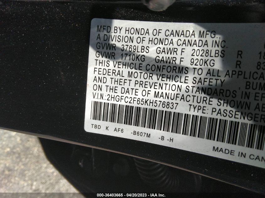 2019 HONDA CIVIC SEDAN LX - 2HGFC2F65KH576837