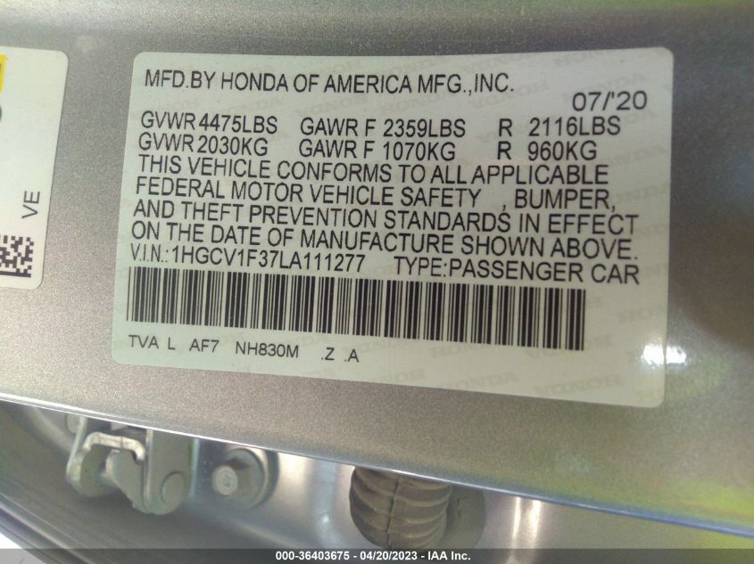 2020 HONDA ACCORD SEDAN SPORT - 1HGCV1F37LA111277