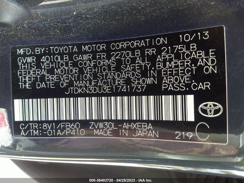 2014 TOYOTA PRIUS FOUR/FIVE/THREE/ONE/TWO - JTDKN3DU3E1741737