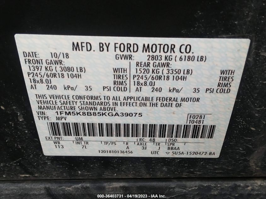 2019 FORD EXPLORER BASE - 1FM5K8B85KGA39075